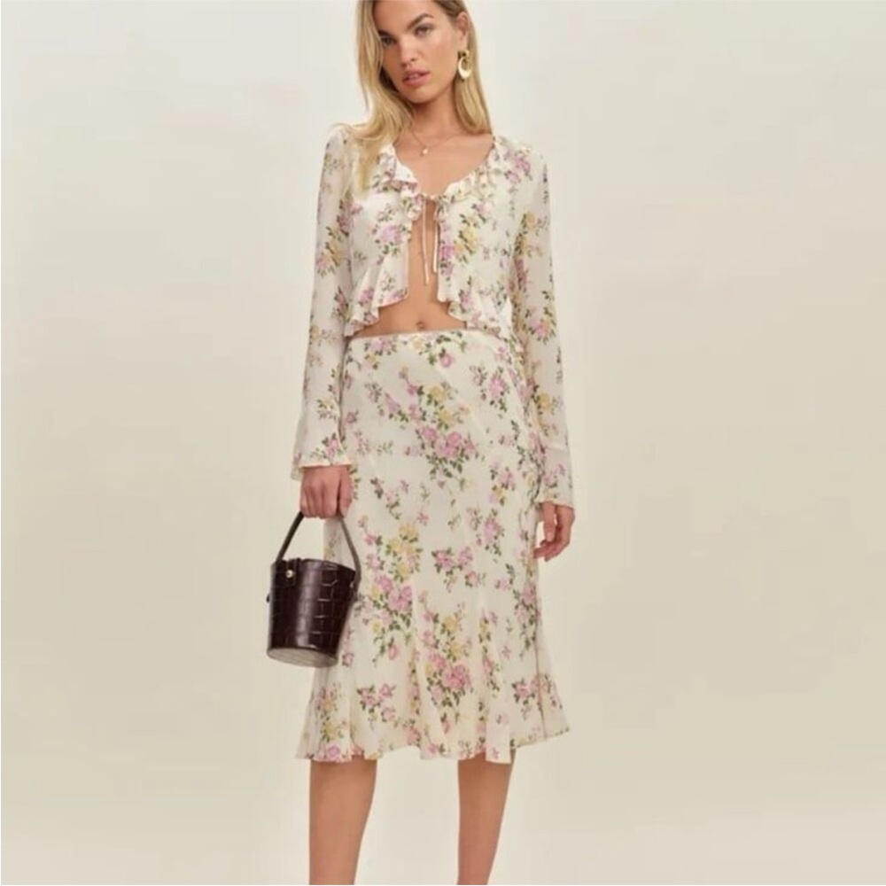 Reformation Julie Two Piece Set long sleeve top w/ matching midi skirt Posey